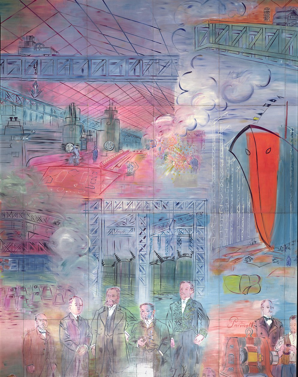 La Fee Electricite, detail levé strany s vyobrazením železářského a ocelářského průmyslu od Raoul Dufy