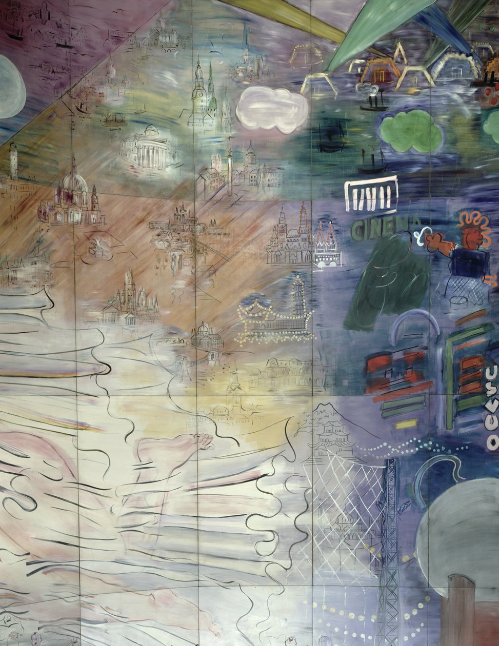 La Fee Electricite, detail levé strany s vyobrazením různých měst od Raoul Dufy