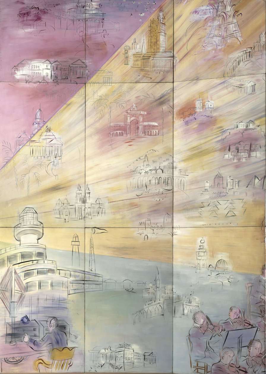 La Fee Electricite, detail levé strany s vyobrazením různých měst od Raoul Dufy