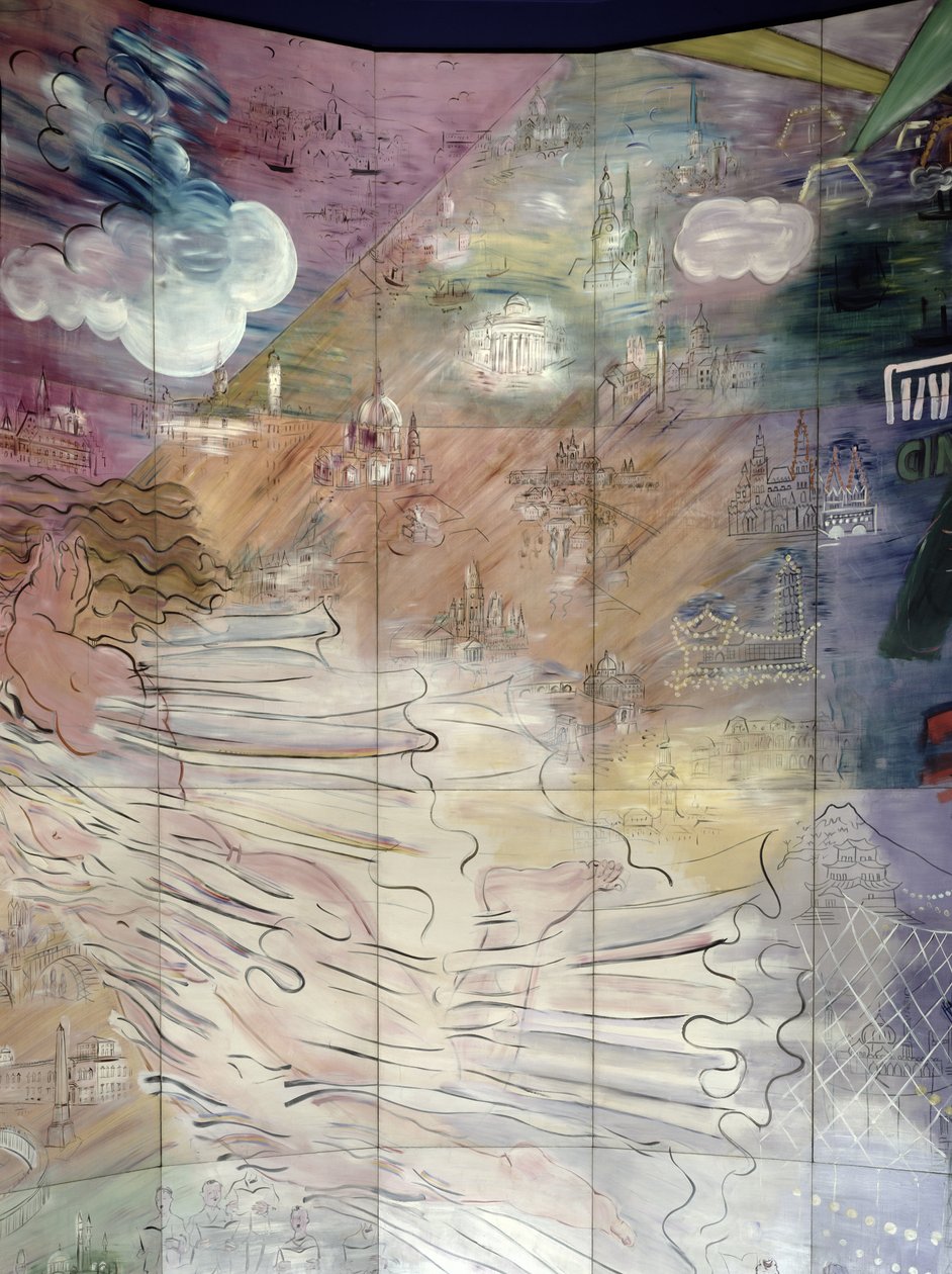 La Fee Electricite, detail levé strany s vyobrazením různých měst od Raoul Dufy