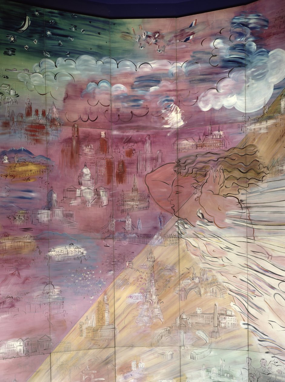 La Fee Electricite, detail levé strany s vyobrazením různých měst od Raoul Dufy