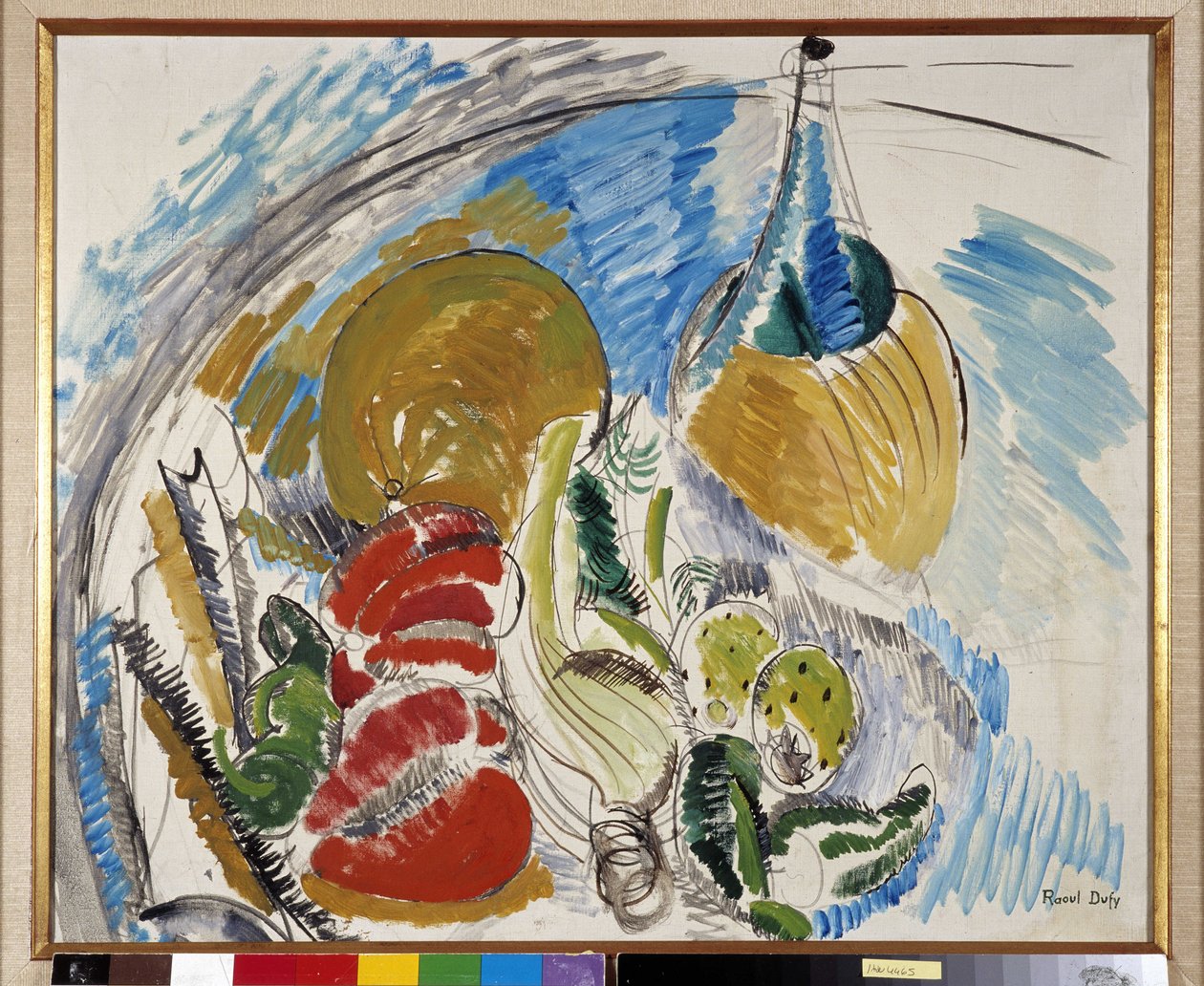 Zátiší s ovocem, zeleninou a lahví vína na stole od Raoul Dufy