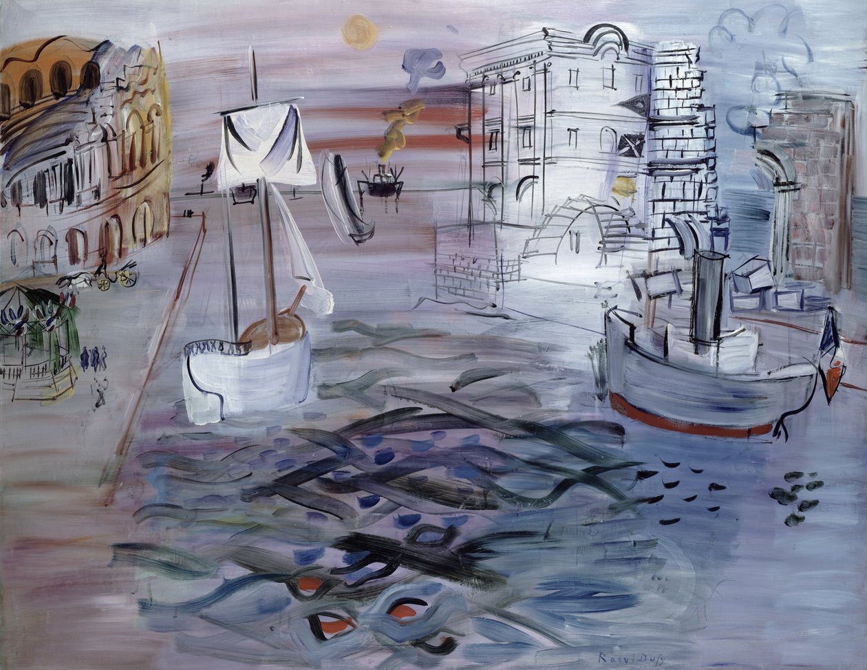 Přístav s plachetnicí, Pocta Claudu Lorrainovi, asi 1935 (olej na plátně) od Raoul Dufy