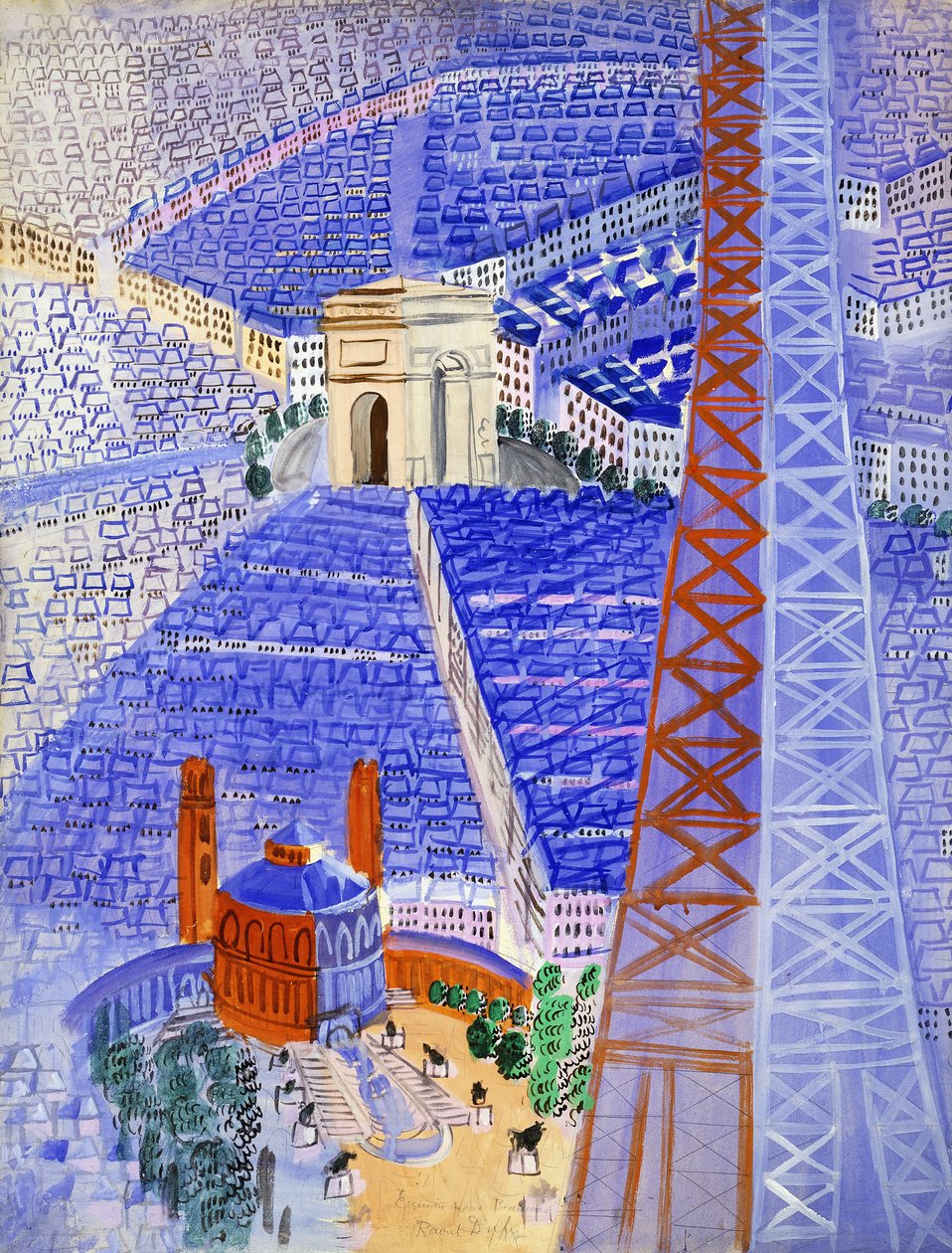 Projekt Eiffelovy věže pro tapiserii v Beauvais; La Tour Eiffel, Projet pour la Tapisserie de Beauvais, asi 1929-1930 (kvaš na papíře) od Raoul Dufy