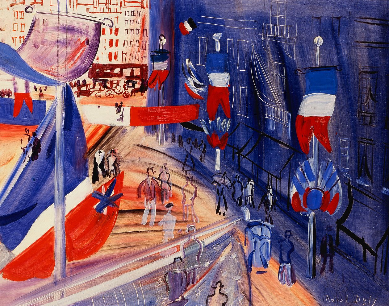 Ulice posetá americkými prapory; La rue Pavoisee a la Banniere Americaine, cca 1930 (olej na tvrdé lepence) od Raoul Dufy