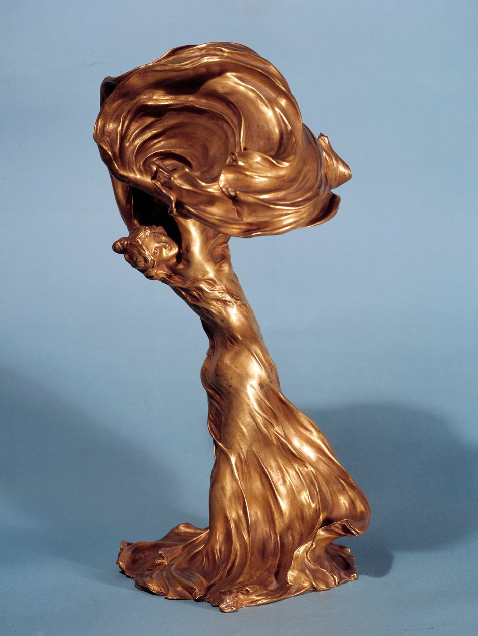 Stojan na lampu představující americkou tanečnici Loie Fuller (1862-1928) vyrobený Francois Raoul Larche (1860-1912) 1900 Paříž, dekorativní umění od Raoul Francois Larche