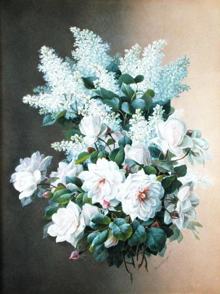 Šeříky a růže, cca 1900 (kvaš na papíře) od Raoul M. de Longpre