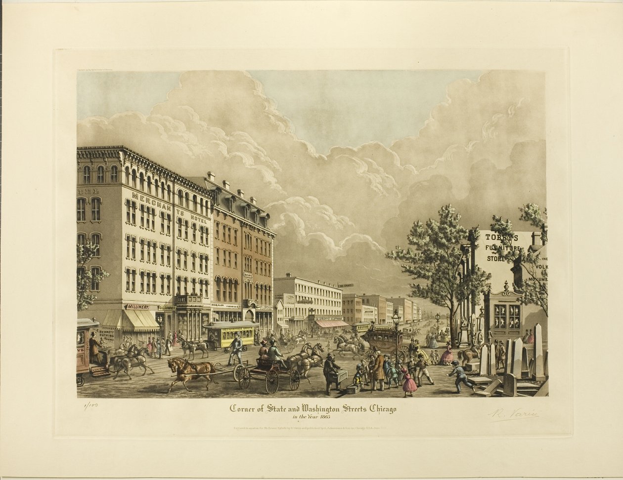 Corner of State a Washington Streets, Chicago, v roce 1865 od Raoul Varin