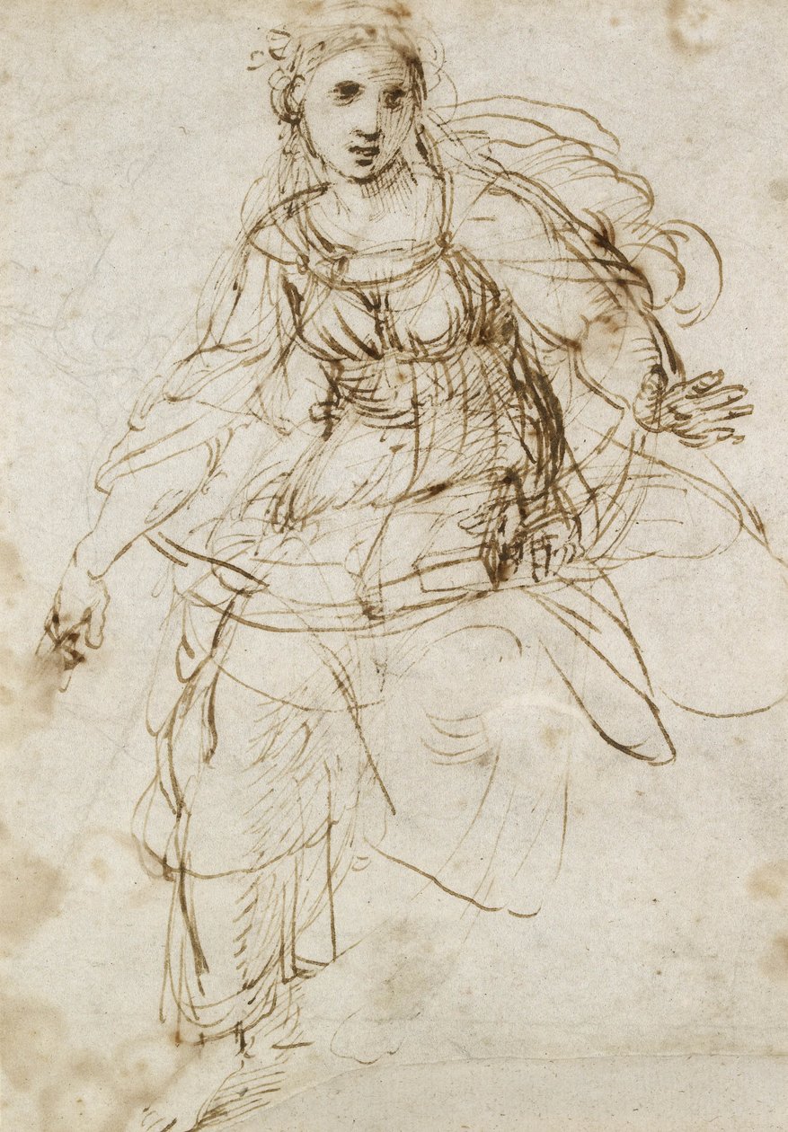Alegorická postava teologie (pero a hnědý inkoust na bílém papíře) od Raffaello Sanzio Raphael