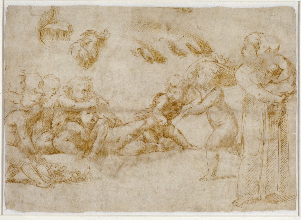 Amorini at Play (pero a hnědý inkoust na špinavě bílém papíře) od Raffaello Sanzio Raphael