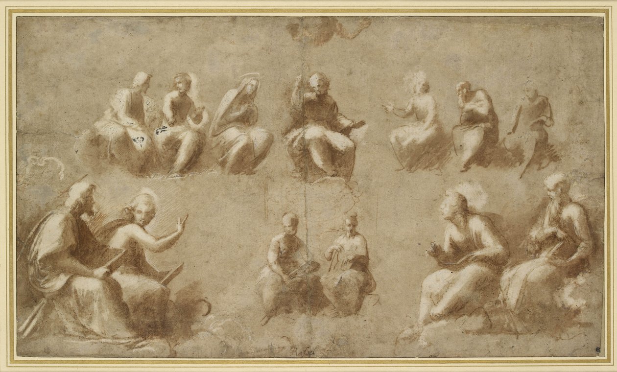 Kristus a svatí v slávě (Studie pro Disputa) (kresba štětcem hnědým inkoustem) od Raffaello Sanzio Raphael
