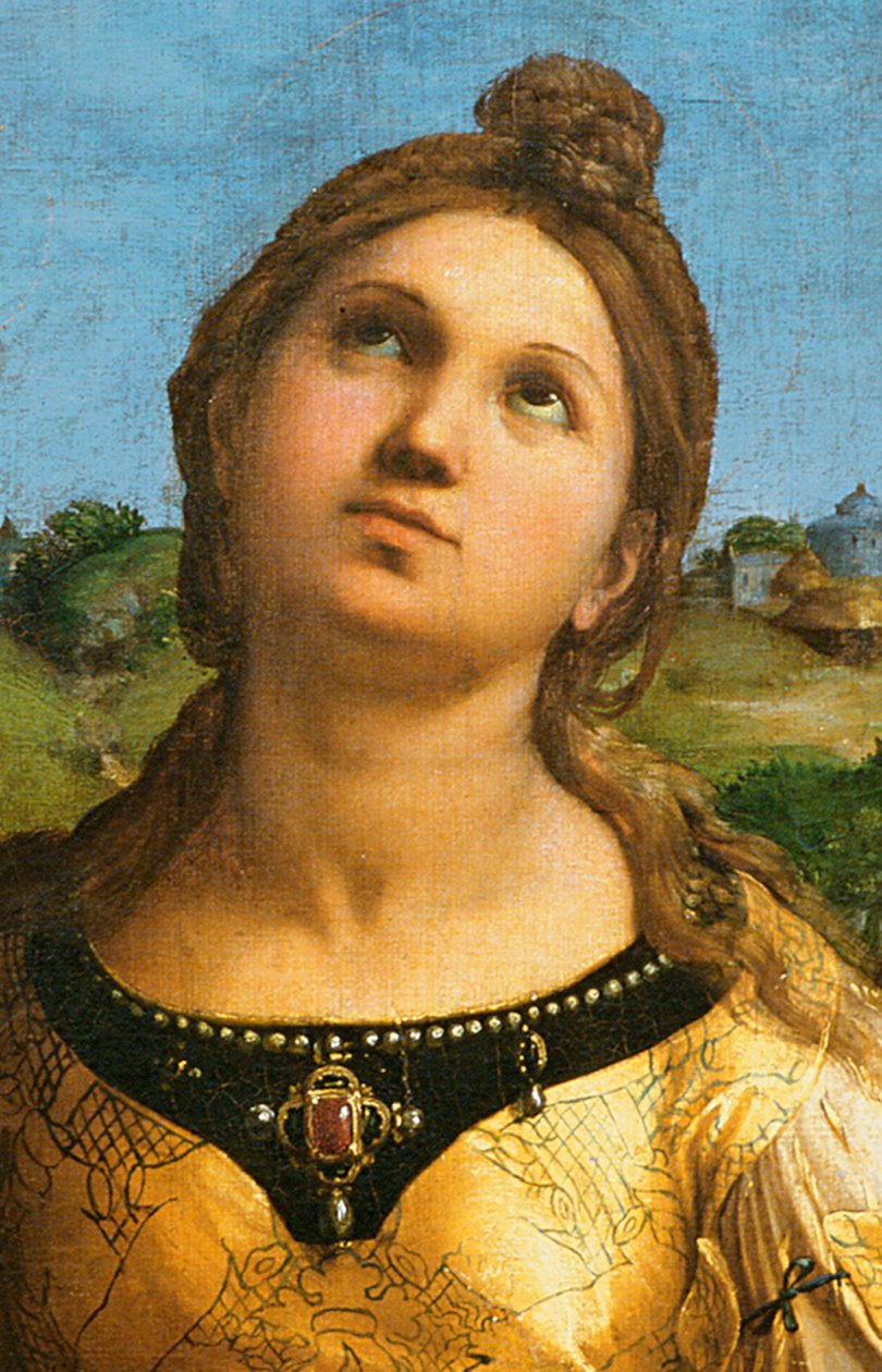 Detail ze sv. Cecílie obklopené sv. Pavlem, sv. Janem Evangelistou, sv. Augustinem a Máří Magdalenou, kolem roku 1513 od Raffaello Sanzio Raphael