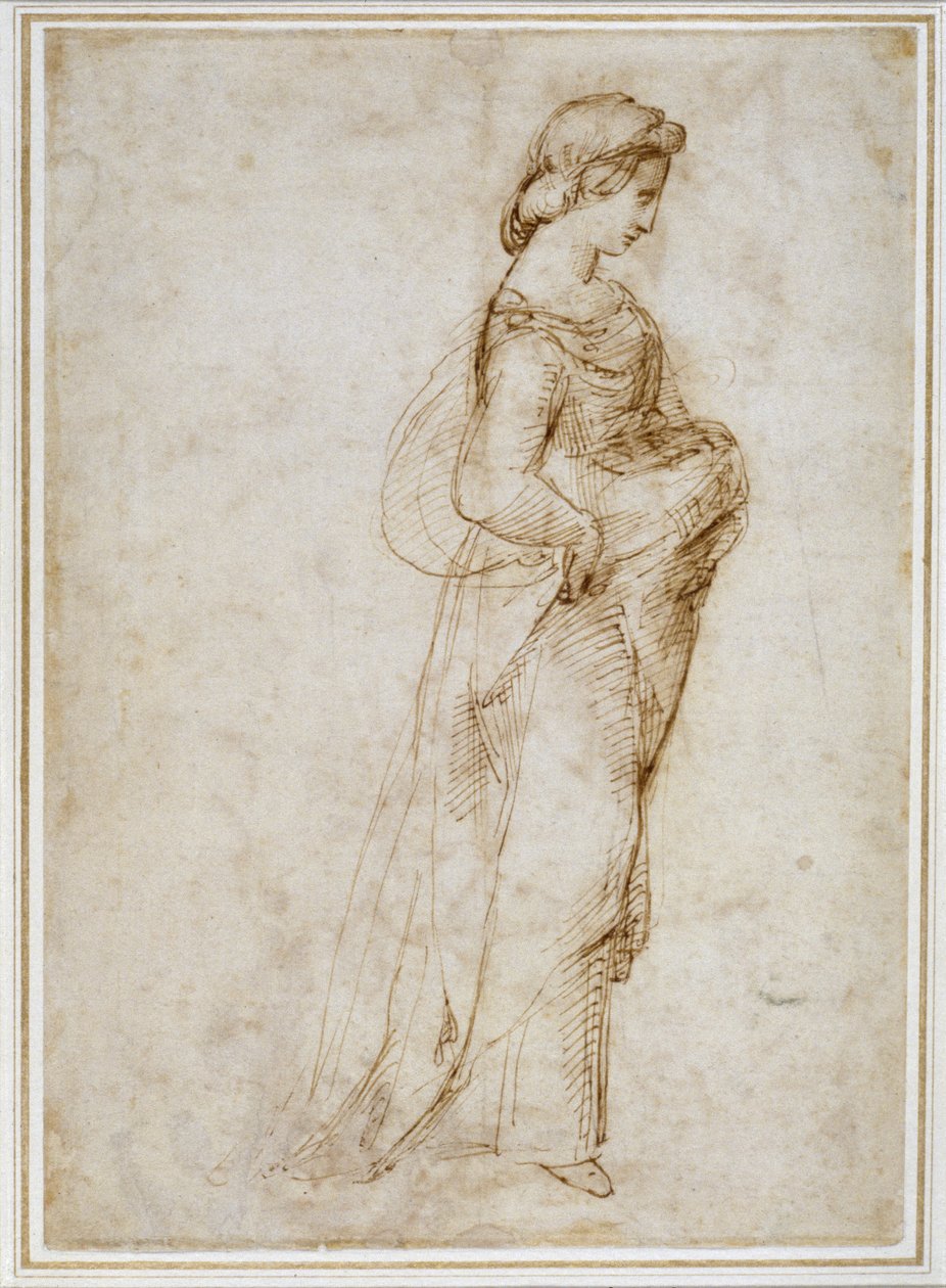Ženská postava kráčí doprava (pero a hnědý inkoust na špinavě bílém papíře) od Raffaello Sanzio Raphael
