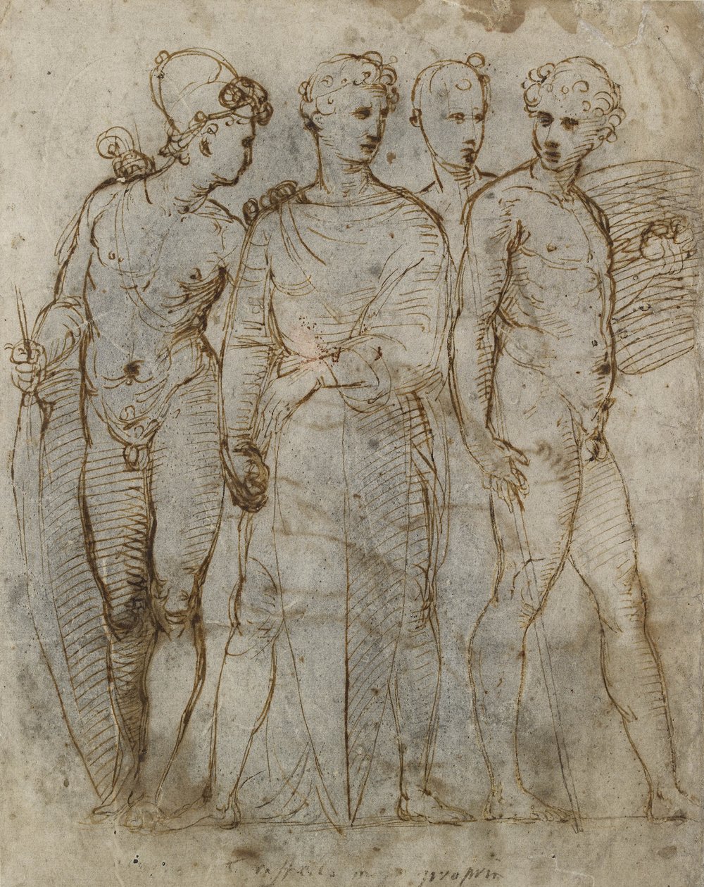 Skupina bojovníků (uprostřed Donatellův svatý Jiří v Orsanmichele) (pero a hnědá tuš na bílém papíře) od Raffaello Sanzio Raphael