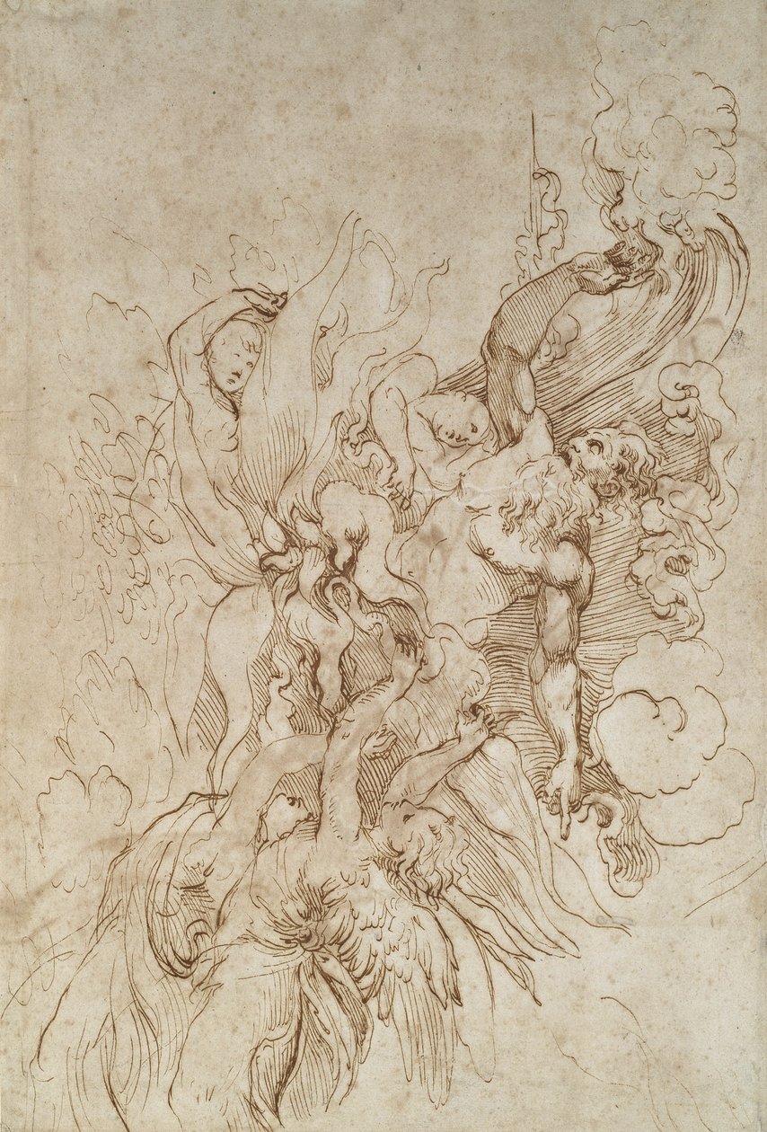 Jehova v hořícím oblaku v doprovodu andělů (recto) (pero a hnědý inkoust na bělavém papíře) od Raffaello Sanzio Raphael