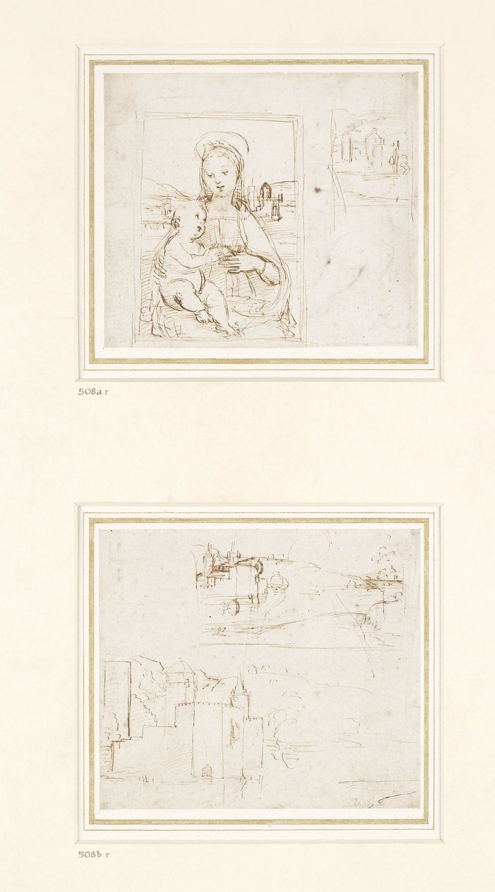 Skica krajiny se stručnou studií hlavy Panny Marie otočené doleva, 1500-1504 (pero a hnědý inkoust přes kovovou jehlu na bílém papíře) od Raffaello Sanzio Raphael