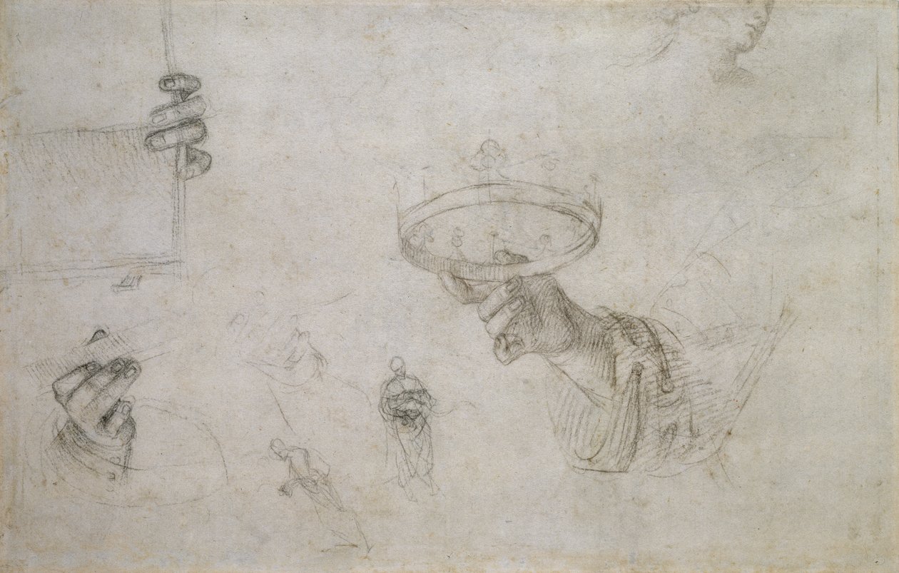 Recto: Ruka držící korunu a další studie ke korunovaci svatého Mikuláše z Tolentina, WA1846.148 od Raffaello Sanzio Raphael