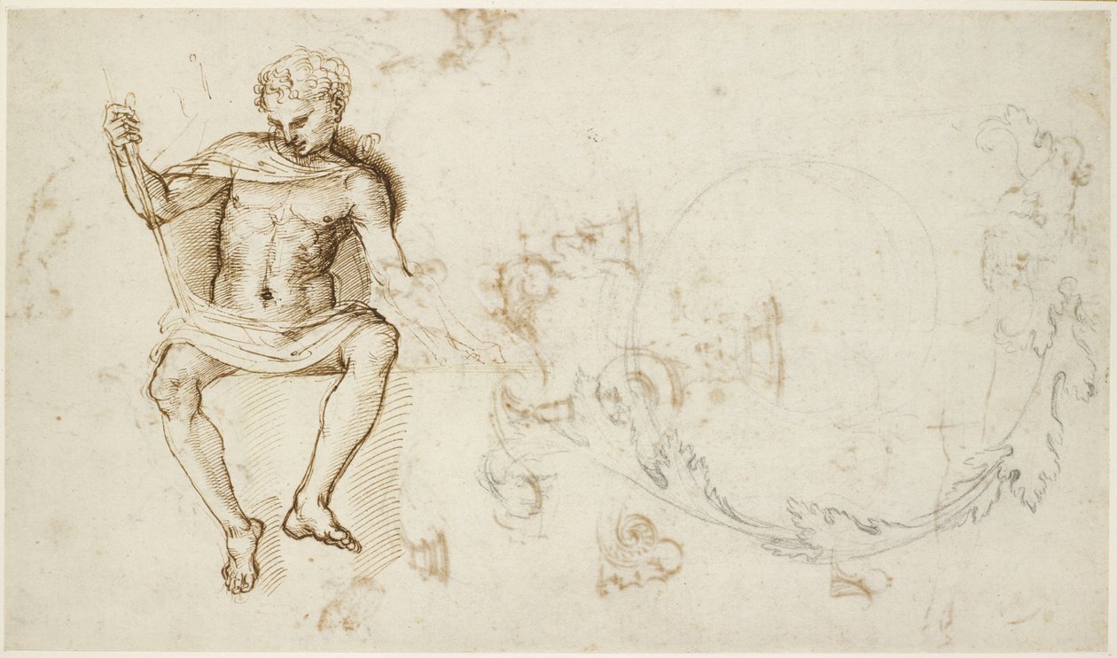 Recto: Studie sedícího muže a listů akantu, WA1846.147 od Raffaello Sanzio Raphael
