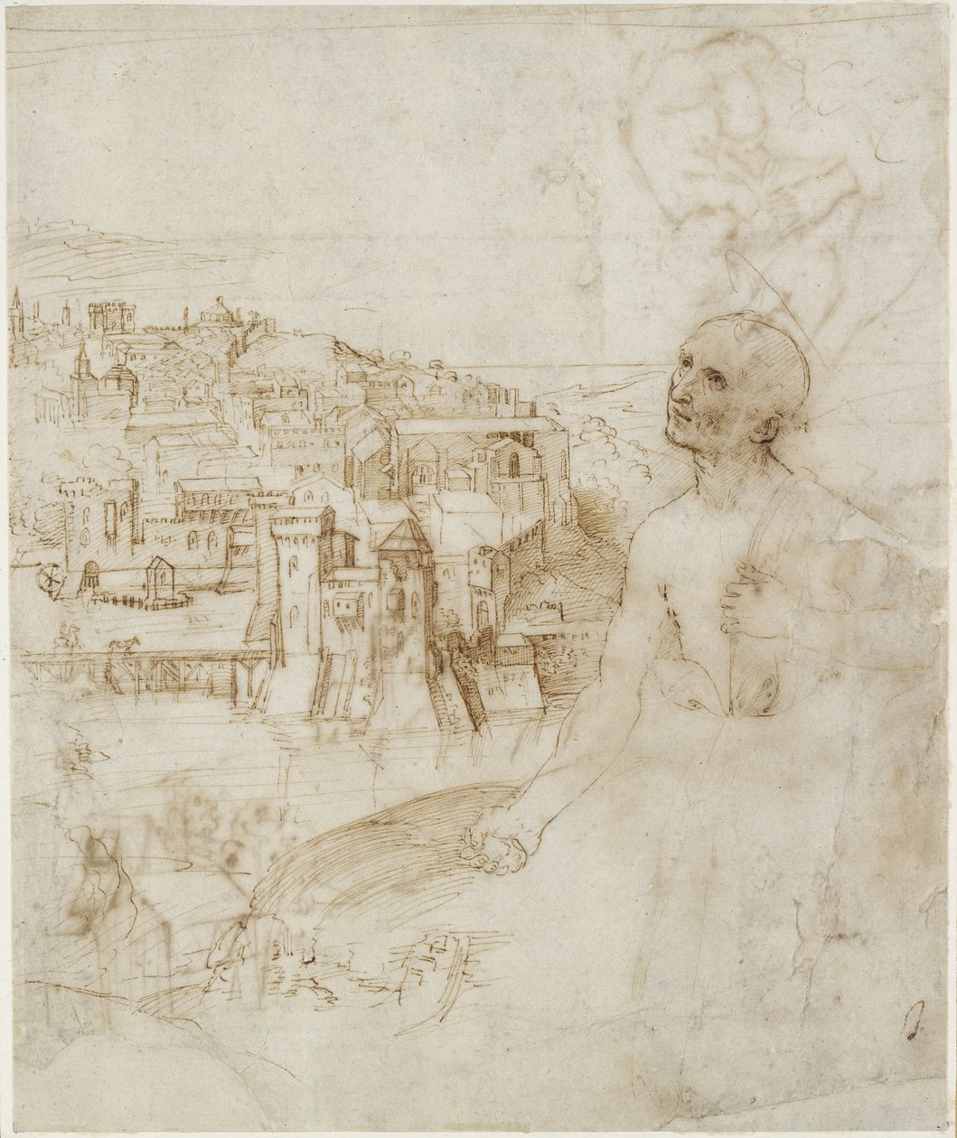 Recto: Pohled na město Perugia, s kajícníkem sv. Jeronýma v popředí, WA1846.10 od Raffaello Sanzio Raphael