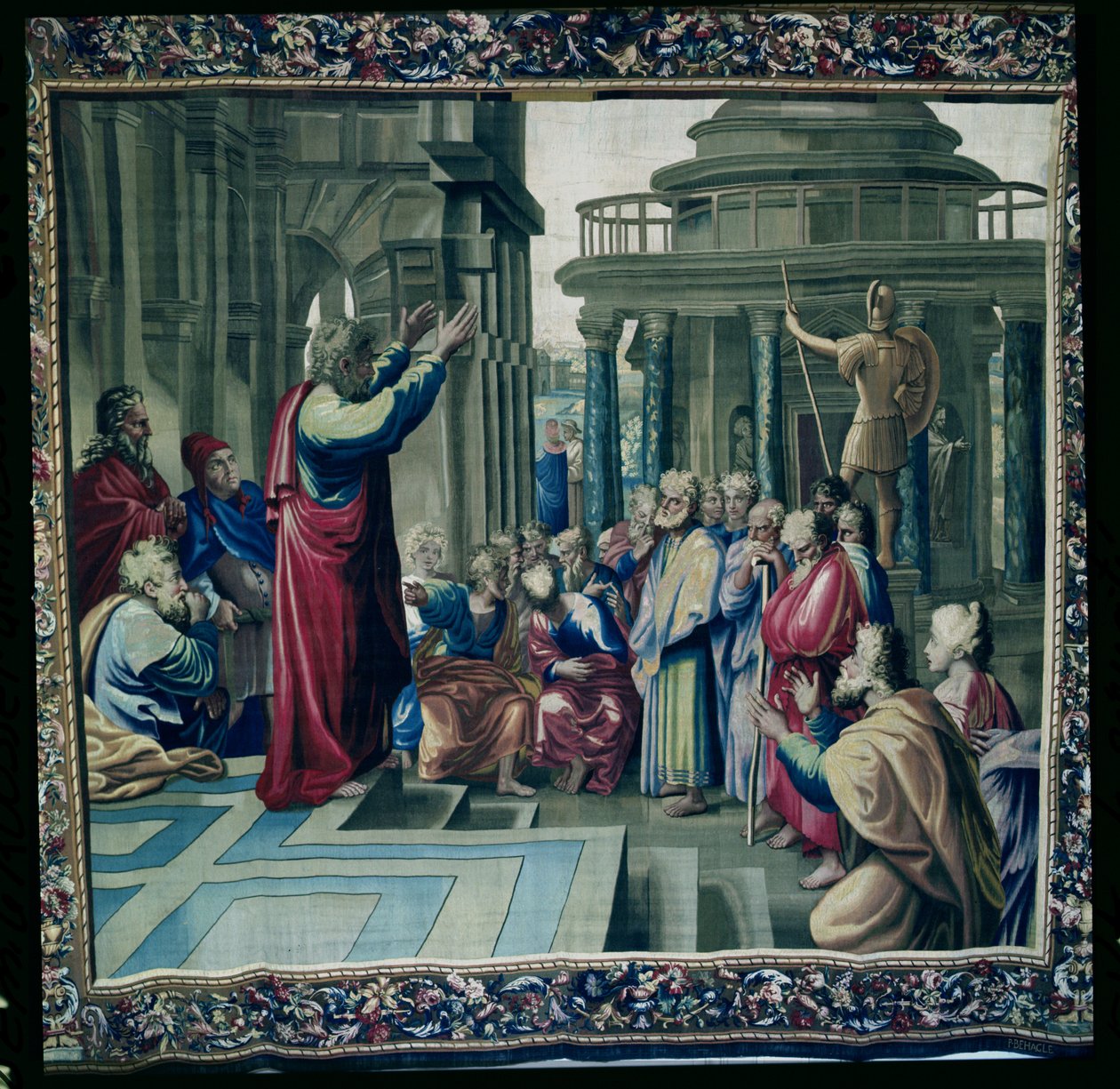 Svatý Pavel Kázání na Areopagu, ze série zobrazující Skutky apoštolů, tkané v dílně v Beauvais pod vedením Philippa Behagla (1641-1705) 1695-98 (vlněná tapisérie) od Raffaello Sanzio Raphael