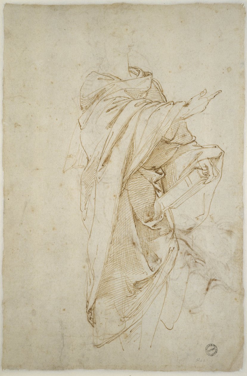 Studie pro postavu Vergilia (pero a hnědý inkoust na špinavě bílém papíře) od Raffaello Sanzio Raphael