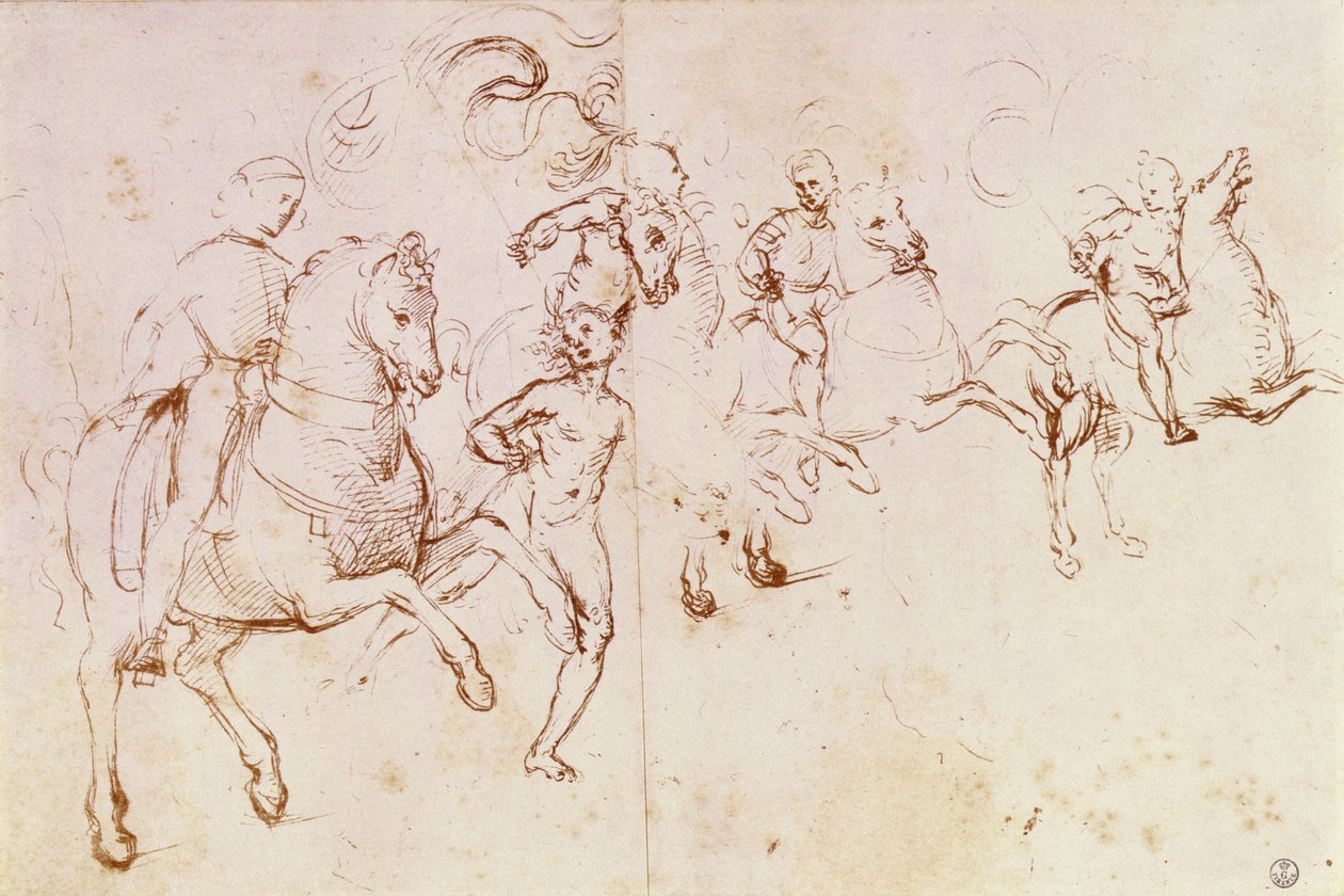 Studie čtyř jezdců a mužského aktu pro „Sacre Conversazione“ (pero a inkoust) od Raffaello Sanzio Raphael