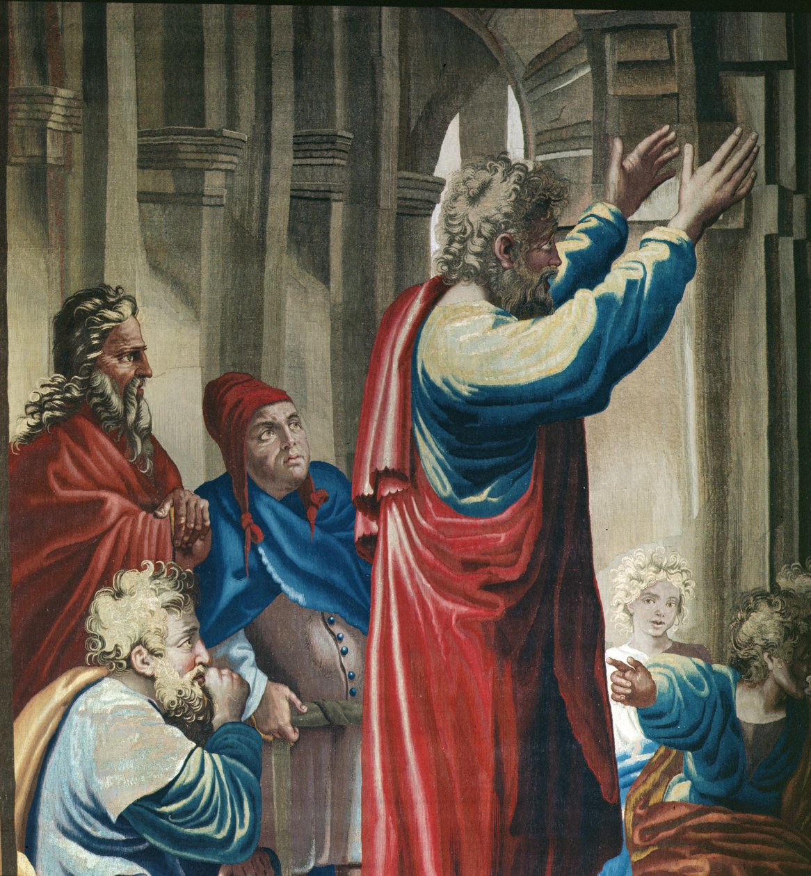 Tapiserie zobrazující Skutky apoštolů, svatý Pavel káže na Areopagu detail svatého Pavla, tkaný v dílně v Beauvais pod vedením Philippa Behagle 1641-1705, 1695-98 vlna od Raffaello Sanzio Raphael