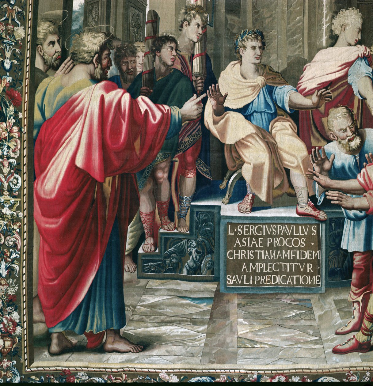 Tapiserie zobrazující Skutky apoštolů. Detail Elymasovy slepoty svatého Pavla a římského prokonzula Sergia Pauluse, tkaný v dílně v Beauvais pod vedením Philippa Behagleho od Raffaello Sanzio Raphael