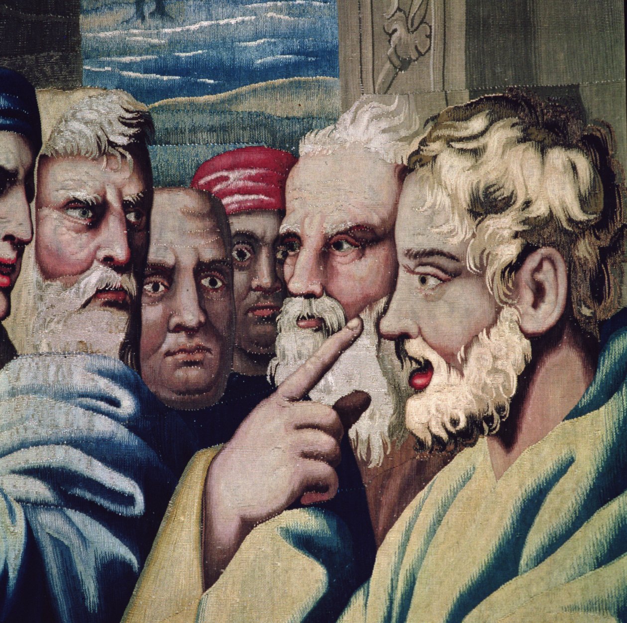 Tapiserie zobrazující Skutky apoštolů, detail oslepení Elymas užaslých diváků, tkané v dílně v Beauvais pod vedením Philippa Behagle 1641-1705, 1695-98 vlněná páska od Raffaello Sanzio Raphael