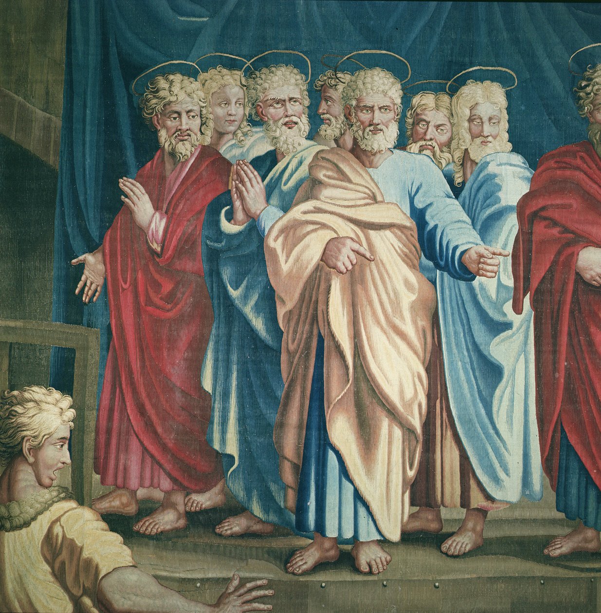 Tapiserie zobrazující Skutky apoštolů, smrt Ananiáše detail svatého Pavla a apoštolů, tkané v dílně v Beauvais pod vedením Philippa Behagle 1641-1705, 1695-98 vlna od Raffaello Sanzio Raphael