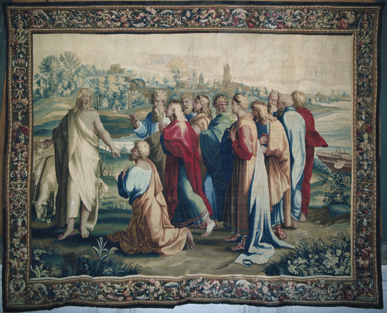 Gobelín zobrazující Skutky apoštolů, povolání svatého Pavla detail apoštolů, tkaný v dílně v Beauvais pod vedením Philippa Behagle 1641-1705, 1695-98 vlněný gobelín od Raffaello Sanzio Raphael