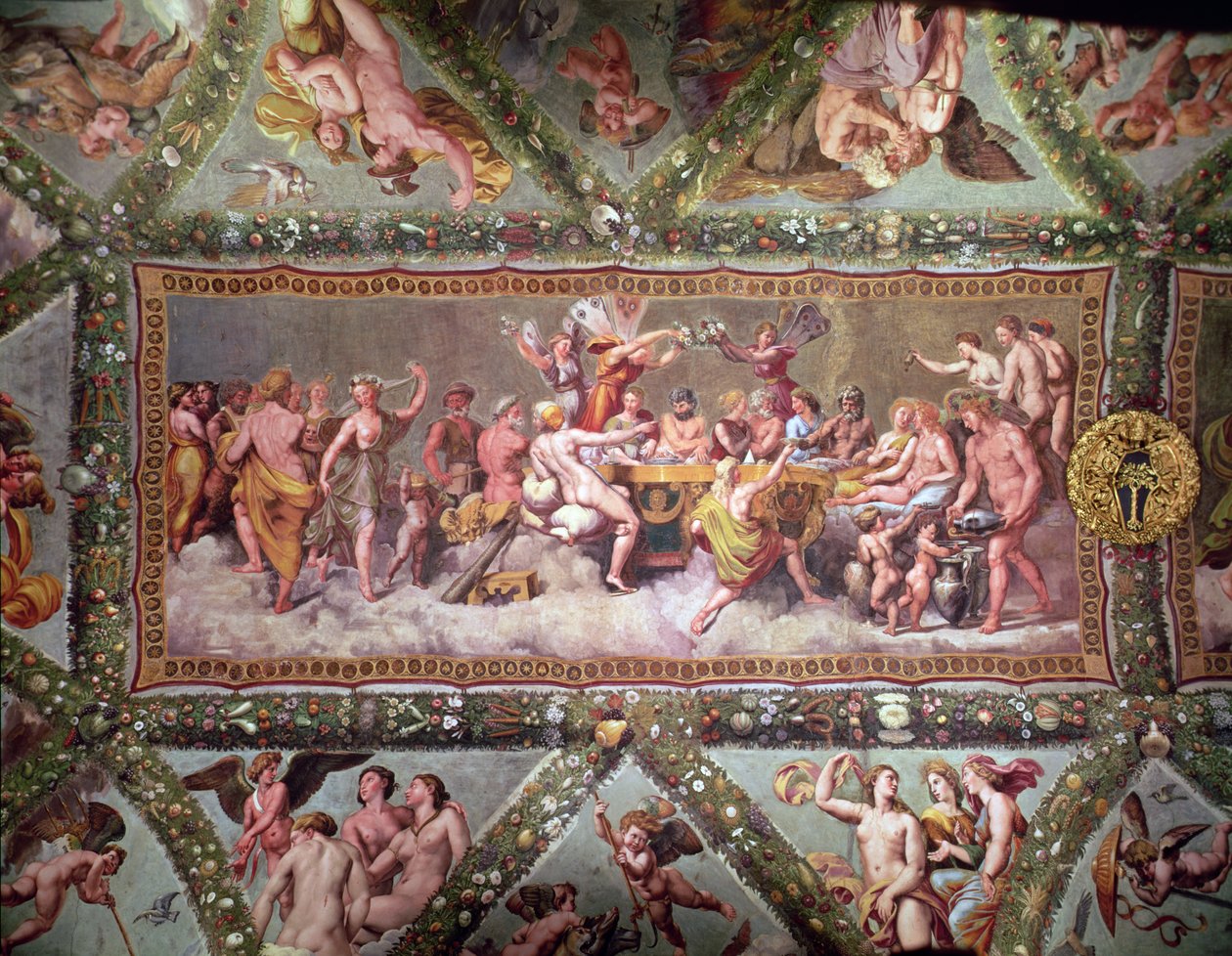 Hostina bohů, nástropní malba Námluvy a svatba Amora a Psýché od Raffaello Sanzio Raphael