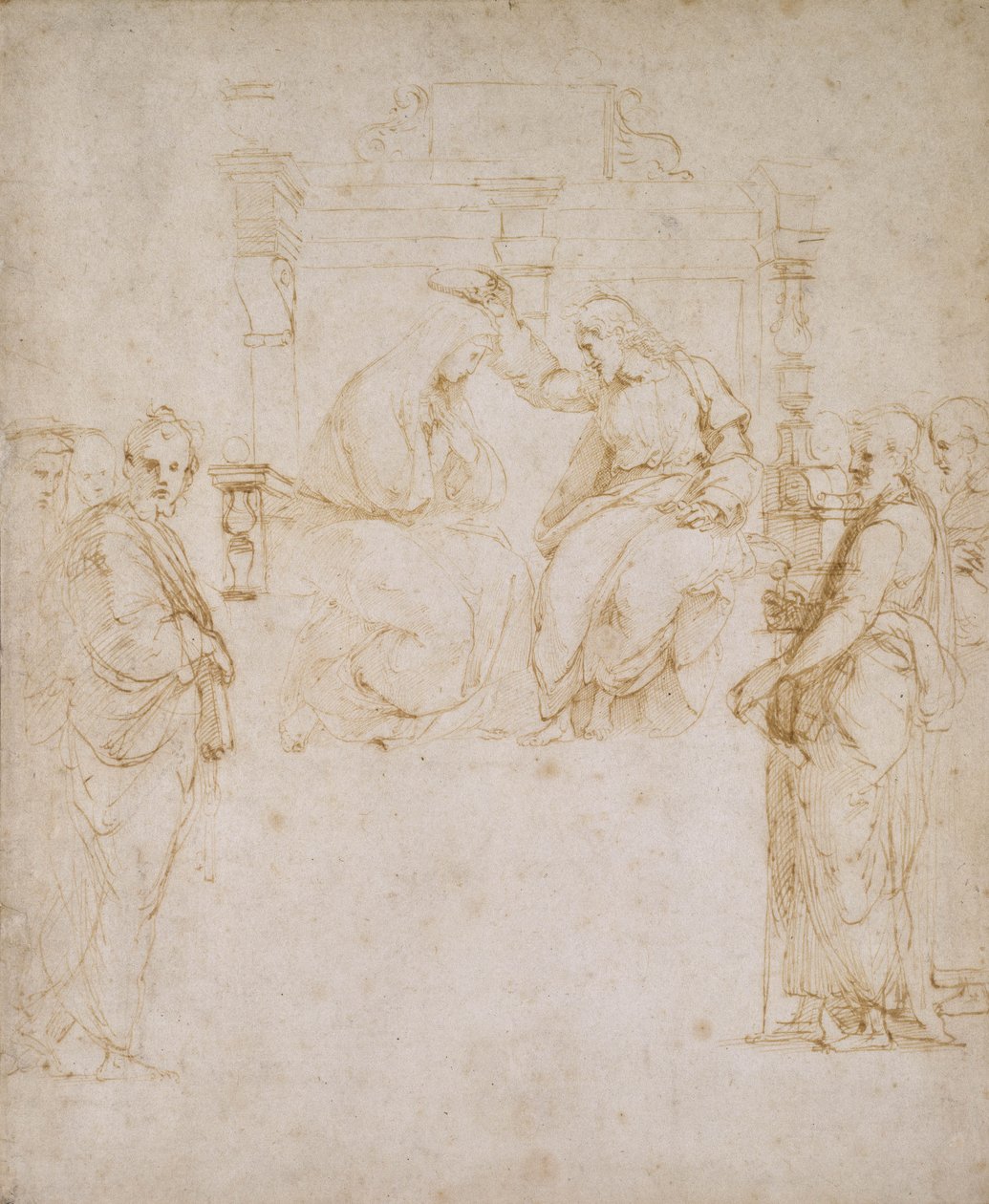 Korunovace Panny Marie (pero a hnědý inkoust na špinavě bílém papíře) od Raffaello Sanzio Raphael