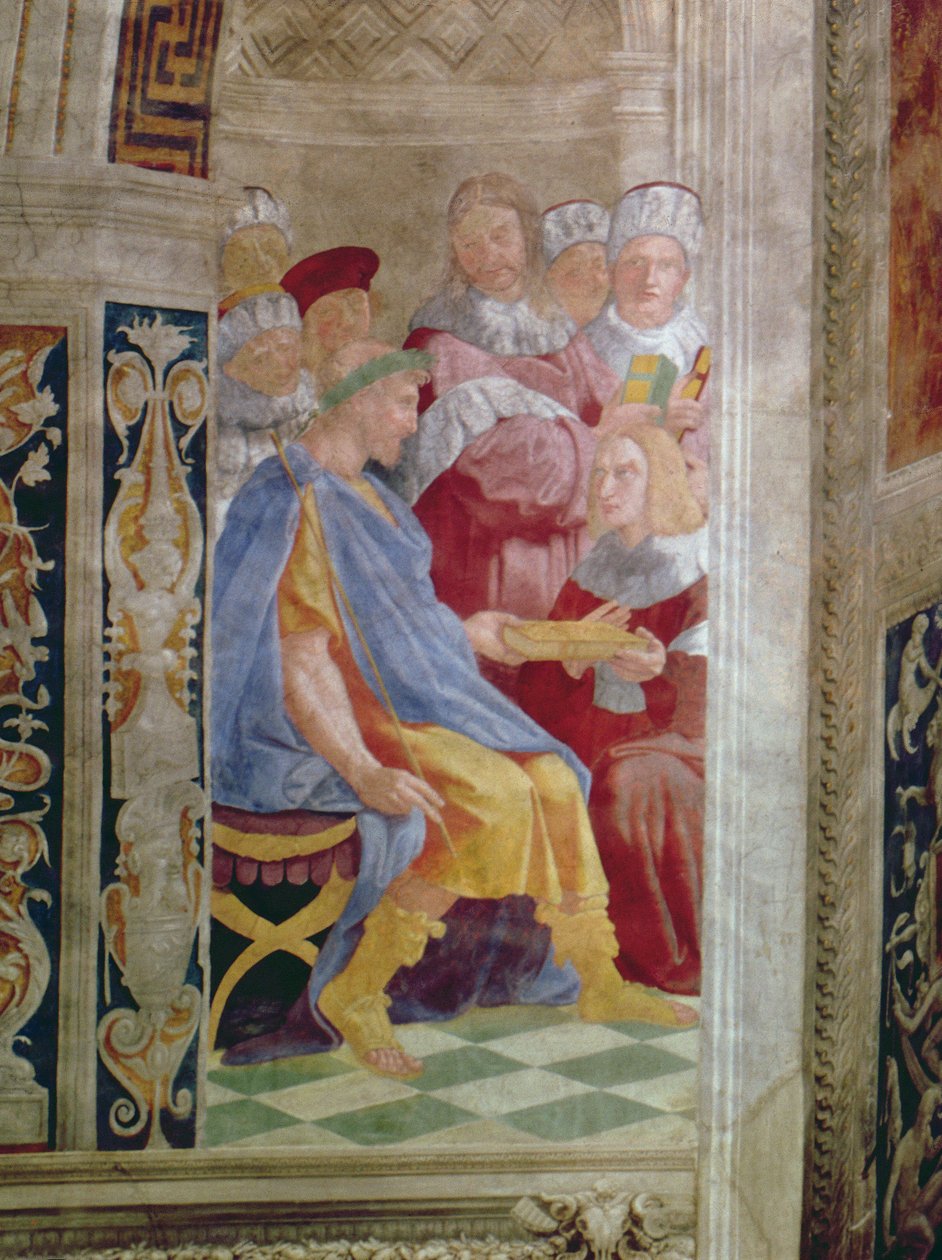 Soudní ctnosti: papež Řehoř IX. schvalující vatikánské dekretály; Justinián předává Pandekty Trebonianovi detail fresky z roku 845 od Raffaello Sanzio Raphael