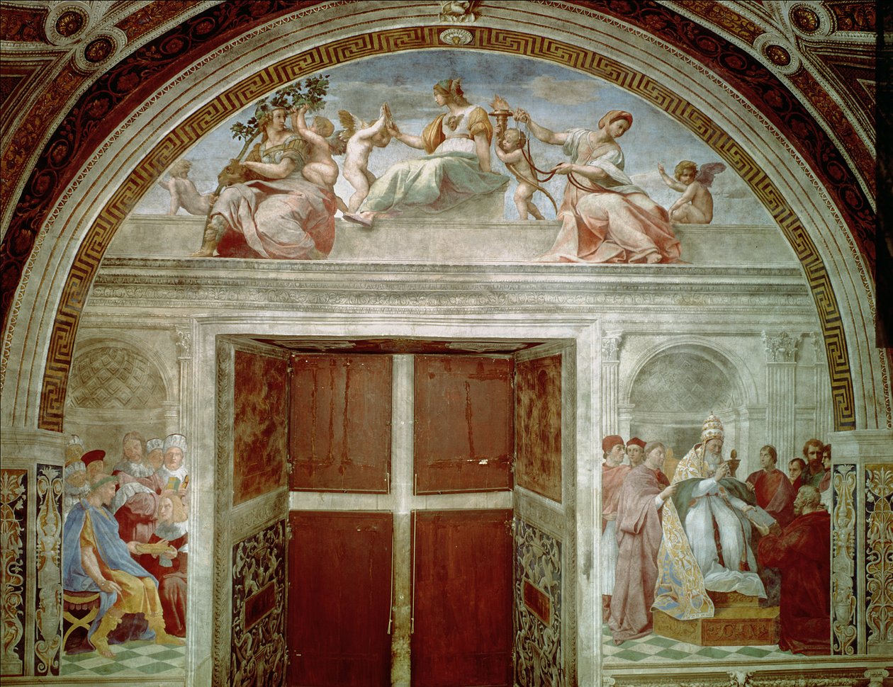 Soudní ctnosti: papež Řehoř IX. schvalující vatikánské dekretály; Justinián předává Pandekty Trebonianovi od Raffaello Sanzio Raphael
