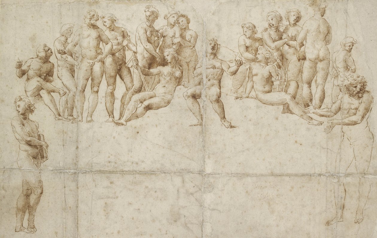 Parnas, kopie podle Raphaela (pero a hnědý inkoust přes černou křídu na bílém papíře) od Raffaello Sanzio Raphael