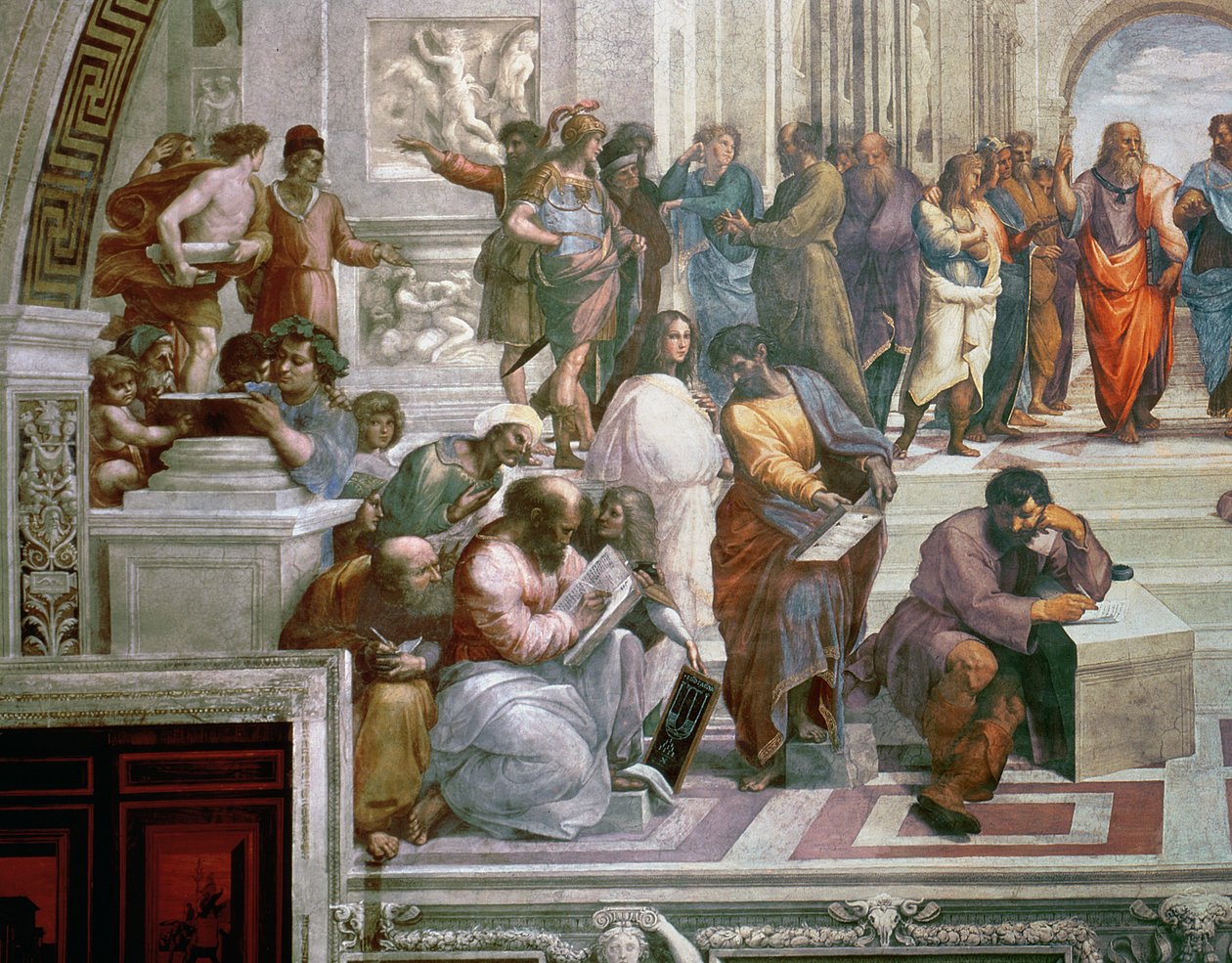 Škola v Athénách, detail z levé strany zobrazující Pythagora obklopeného studenty a Michelangela, detail fresky z roku 472 z let 1510-11 od Raffaello Sanzio Raphael