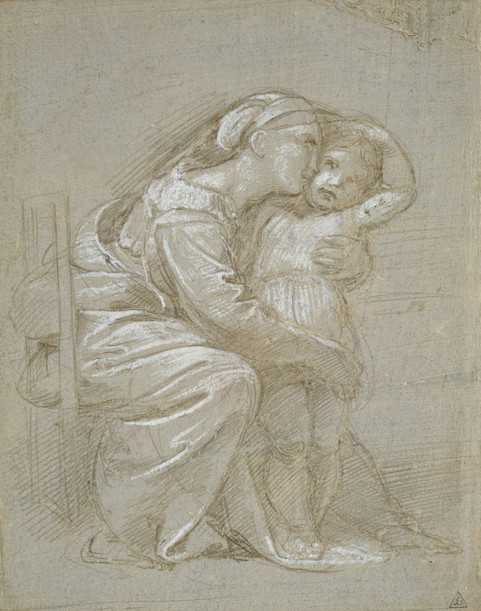 Panna a dítě (stříbrný bod, zvýrazněný bílou tělovou barvou na břidlicově šedém preparátu) od Raffaello Sanzio Raphael