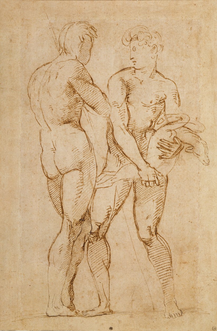 Dva nahí muži stojí, jeden drží jehně od Raffaello Sanzio Raphael
