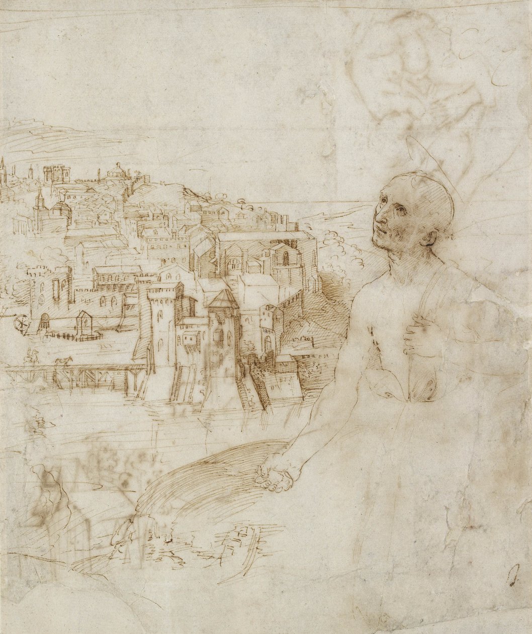 Pohled na město Perugia, s kajícníkem svatým Jeronýmem v popředí, 1504 (pero a hnědý inkoust na bílém papíře) od Raffaello Sanzio Raphael