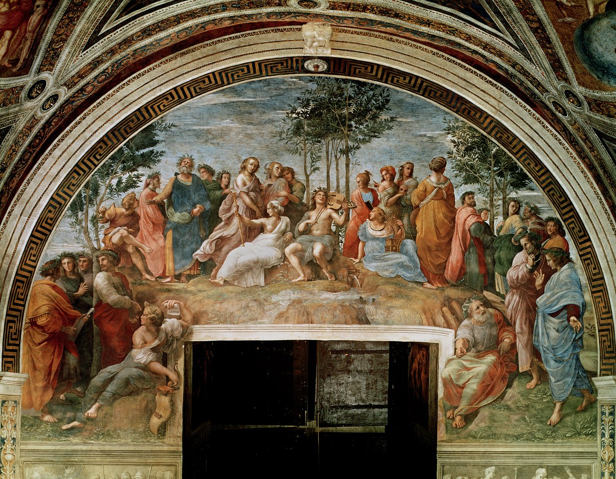 Parnas, ze Stanza delle Segnatura, 1510-11 (viz také 838) od Raffaello Sanzio Raphael