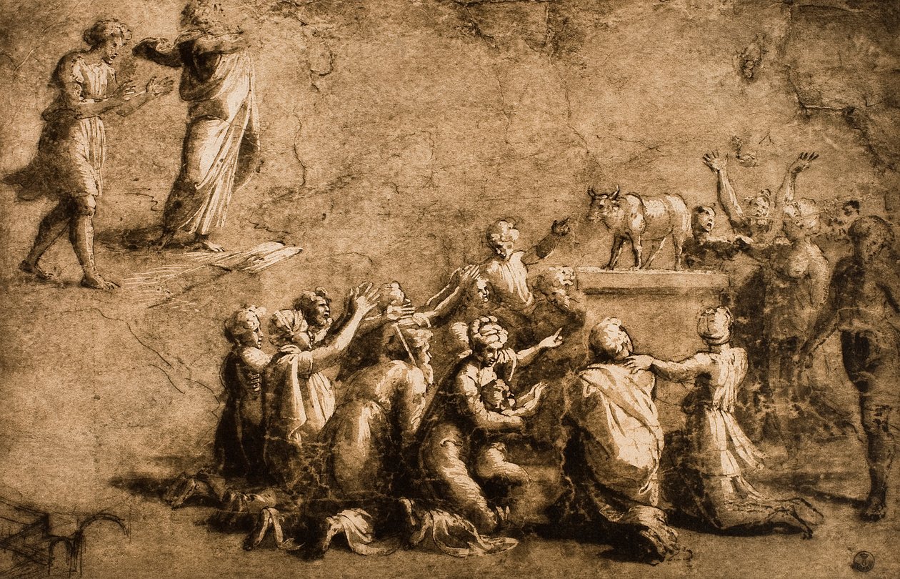 Klanění zlatého telete aneb Mojžíš boří stoly zákona; kresba od Raphaela. Gabinetto dei Disegni e delle Stampe, Galerie Uffizi, Florencie od Raffaello Sanzio Raphael