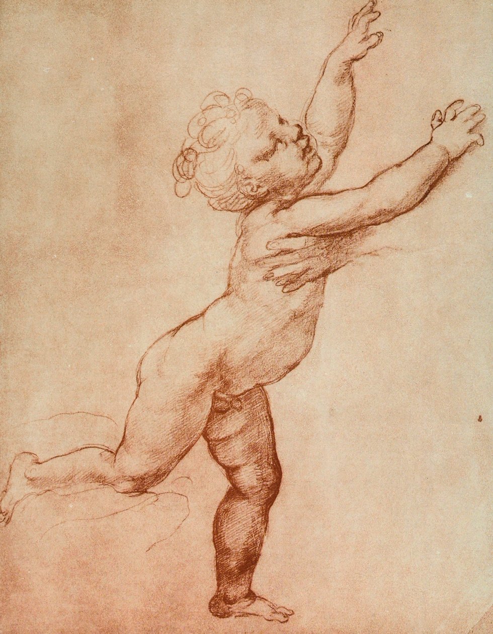 Kresba dítěte běžícího doprava, kde se zdá, že na něj čeká osoba, z níž je vidět pouze ruka. Práce Raffaella v Uffizi v Kreslírně a tiskárně na Florenci od Raffaello Sanzio Raphael