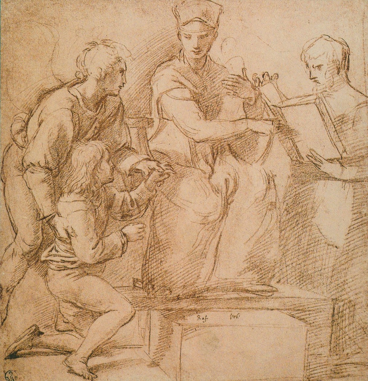 Čtyři postavy (Madonna a dítě?), kresba Raphael. Gabinetto dei Disegni e delle Stampe, Galerie Uffizi, Florencie od Raffaello Sanzio Raphael
