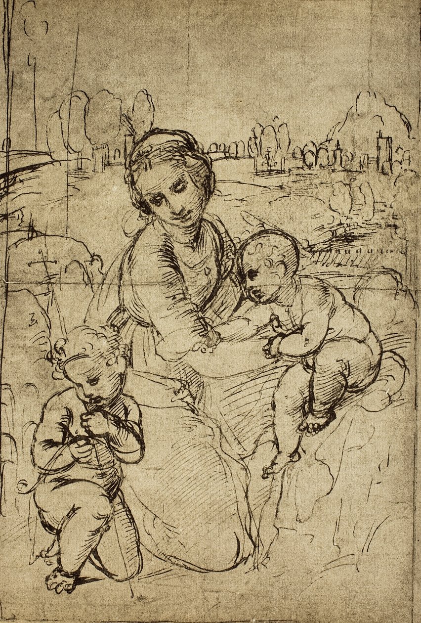Madona s dítětem a svatý Jan (dítě), kresba Raphael. Kabinet kreseb a tisků, Galerie Uffizi, Florencie od Raffaello Sanzio Raphael