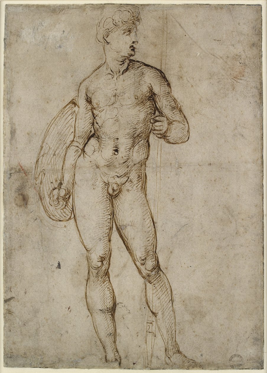 Recto: A Youthful Warrior, WA1846.163 (pero a hnědý inkoust, některé možná nesouvisející slepé značky stylusu) od Raffaello Sanzio Raphael