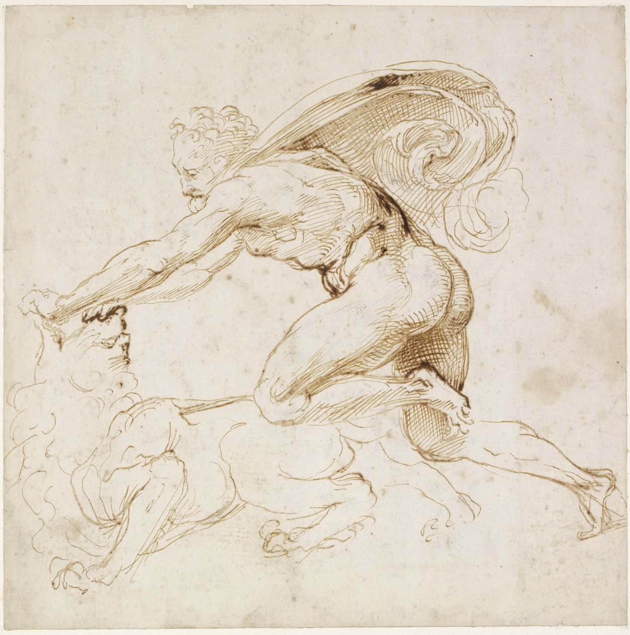 Recto: Hercules přemohl nemejského lva, WA1846.181 (pero a hnědý inkoust přes slepý stylus a stopy olova nebo křídy) od Raffaello Sanzio Raphael