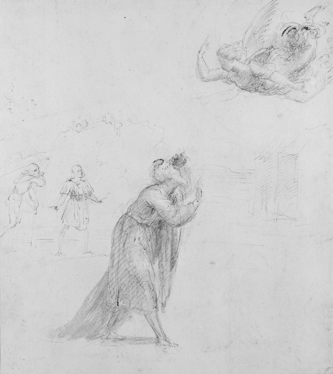 Recto: The Angel zjevující se Joachimovi, WA1846.204 (pero a štětec ve žlutohnědé barvě na černé křídě s bílou barvou těla (částečně zoxidované) na bílém papíře) od Raffaello Sanzio Raphael