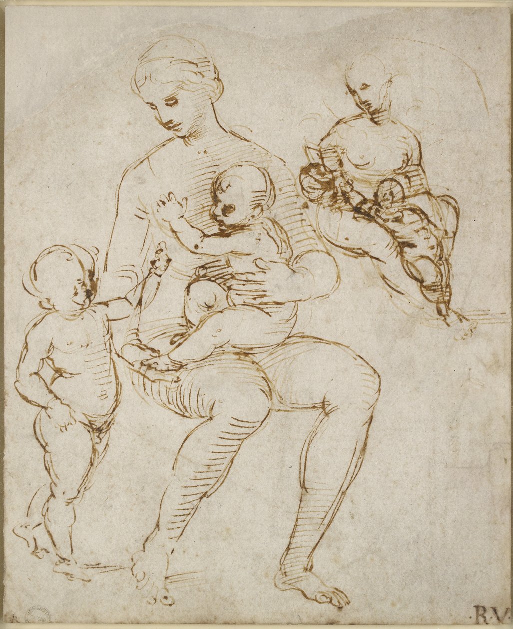 Recto: Dvě studie pro pannu a dítě se svatým Janem (Madonna del Cardellino), WA1846.159 (pero a hnědý inkoust na slepém stylusu) od Raffaello Sanzio Raphael