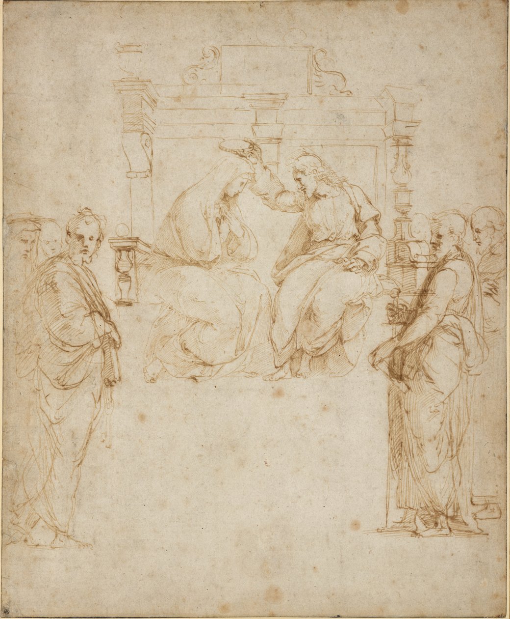 The Coronation of the Virgin, WA1846.206 (pero a hnědý inkoust přes slepý stylus, okraje listu čárkované černým inkoustem) od Raffaello Sanzio Raphael